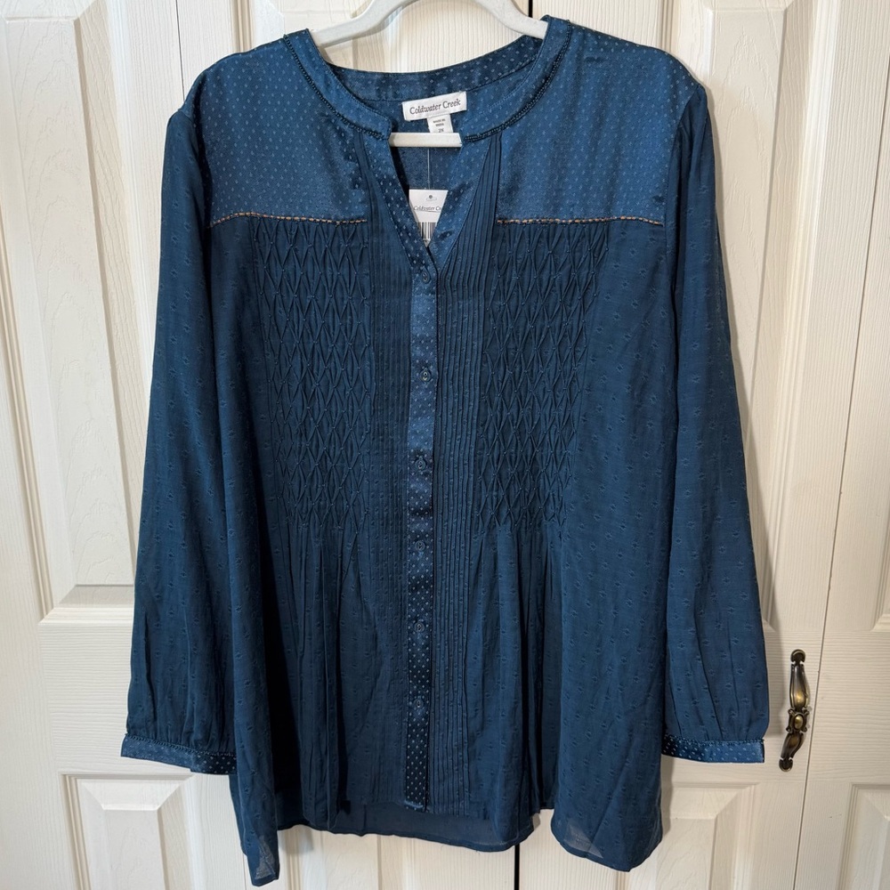 Coldwater Creek Pleated Pintuck Button Down V Neck Blouse Womens Size 2X